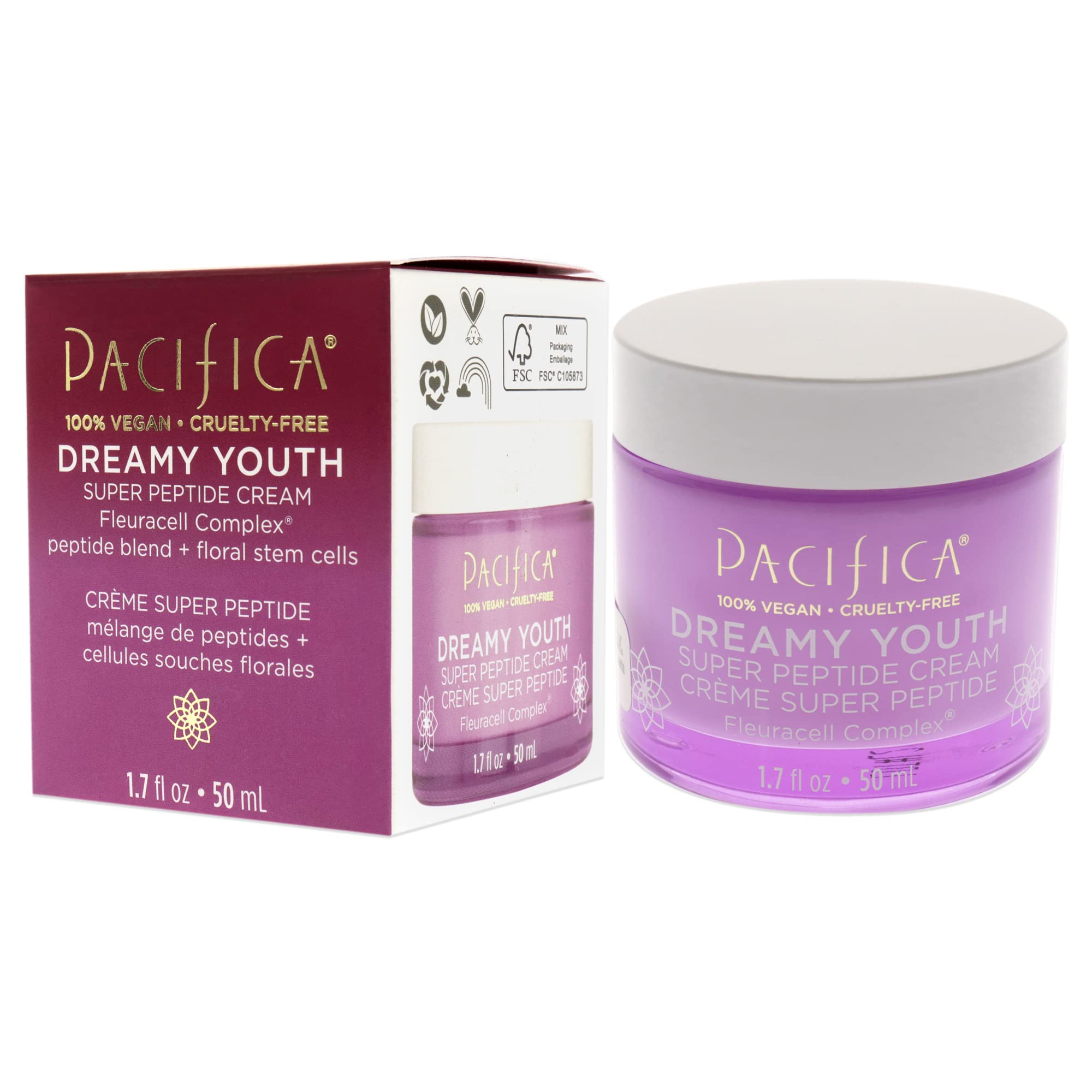 Pacifica Beauty, Dreamy Youth Super Peptide Daily Facial Cream, Moisturizer, Made with Floral Stem Cells & Peptides, For All and Aging Skin Types, Silicone Free, Clean Skin Care, Vegan + Cruelty Free